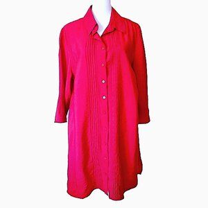 Coldwater Creek Raspberry Red Button Up Shirt Dress Womens Sz L Pintucking Silky